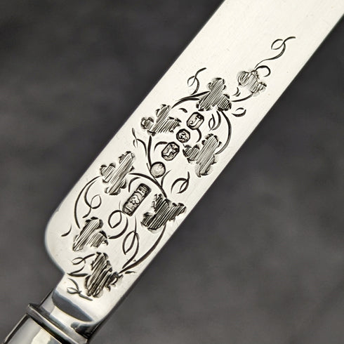 1858 British antique sterling silver blade cutlery set 6x2 in mahogany case